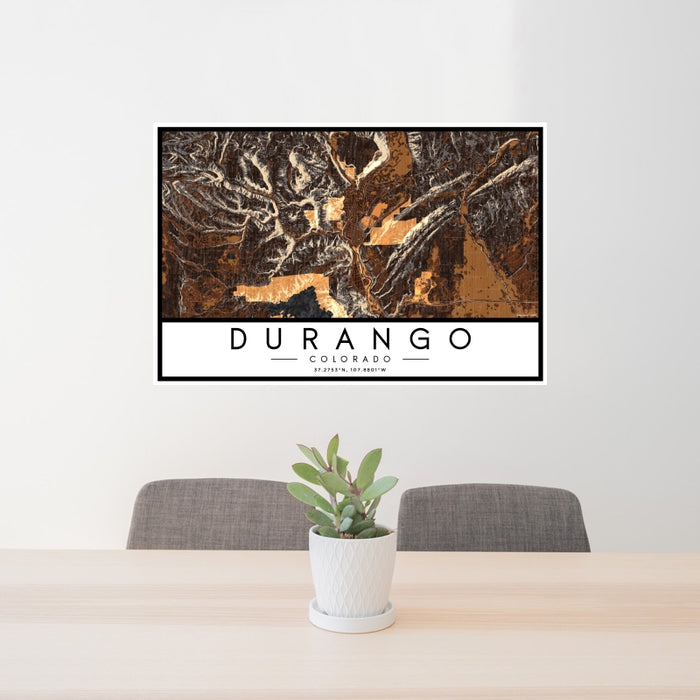 24x36 Durango Colorado Map Print Landscape Orientation in Ember Style Behind 2 Chairs Table and Potted Plant