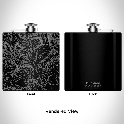 Rendered View of Durango Colorado Map Engraving on 6oz Stainless Steel Flask in Black