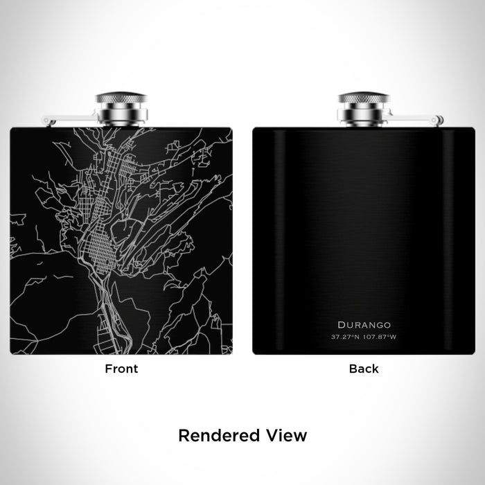 Rendered View of Durango Colorado Map Engraving on 6oz Stainless Steel Flask in Black