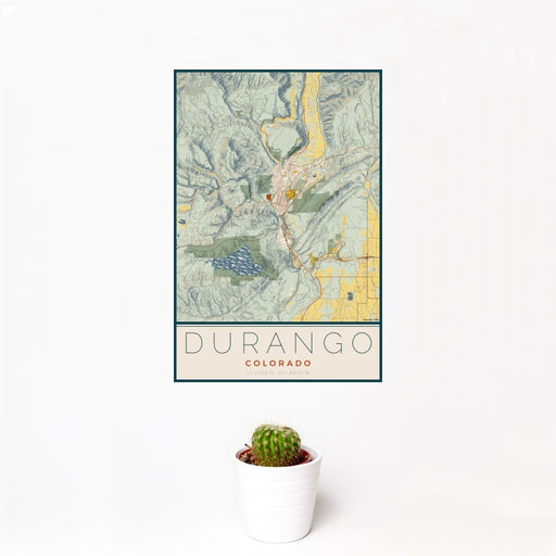 12x18 Durango Colorado Map Print Portrait Orientation in Woodblock Style With Small Cactus Plant in White Planter