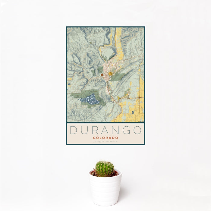 12x18 Durango Colorado Map Print Portrait Orientation in Woodblock Style With Small Cactus Plant in White Planter