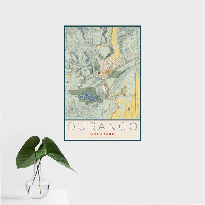 16x24 Durango Colorado Map Print Portrait Orientation in Woodblock Style With Tropical Plant Leaves in Water