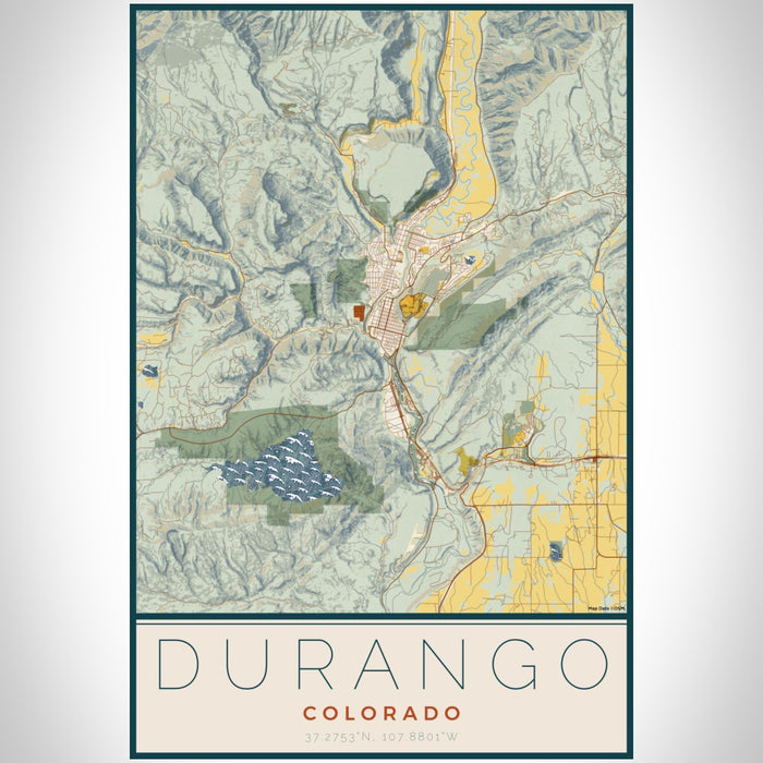 Durango Colorado Map Print Portrait Orientation in Woodblock Style With Shaded Background