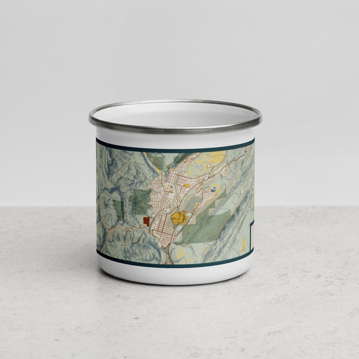 Front View Custom Durango Colorado Map Enamel Mug in Woodblock