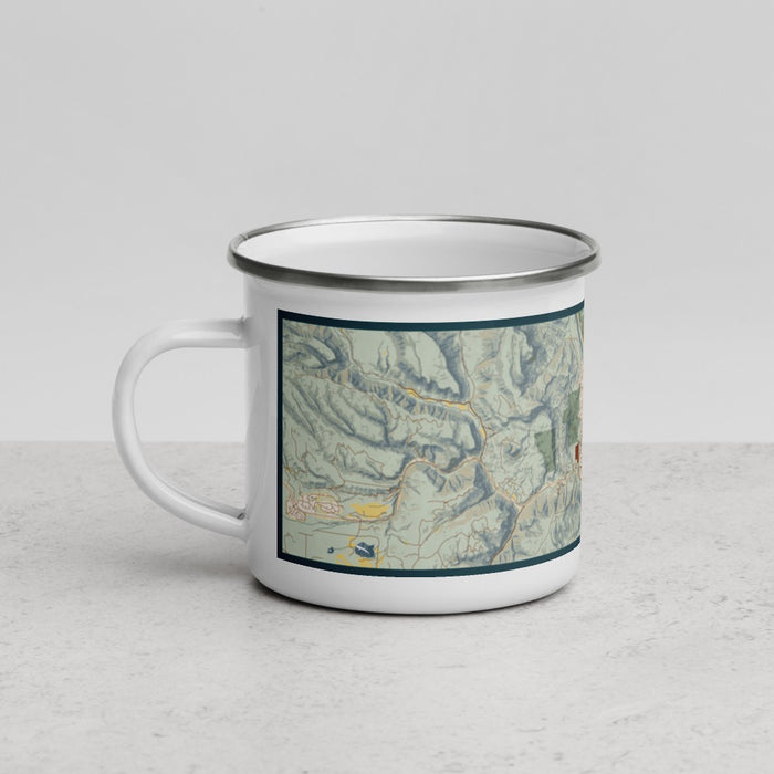Left View Custom Durango Colorado Map Enamel Mug in Woodblock