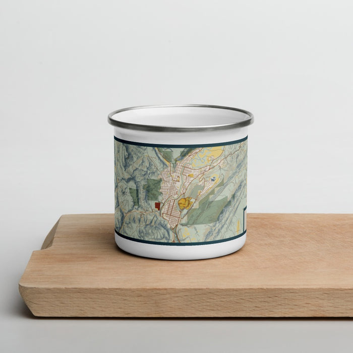 Front View Custom Durango Colorado Map Enamel Mug in Woodblock on Cutting Board