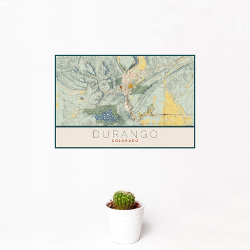 12x18 Durango Colorado Map Print Landscape Orientation in Woodblock Style With Small Cactus Plant in White Planter