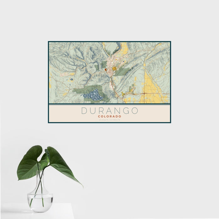 16x24 Durango Colorado Map Print Landscape Orientation in Woodblock Style With Tropical Plant Leaves in Water
