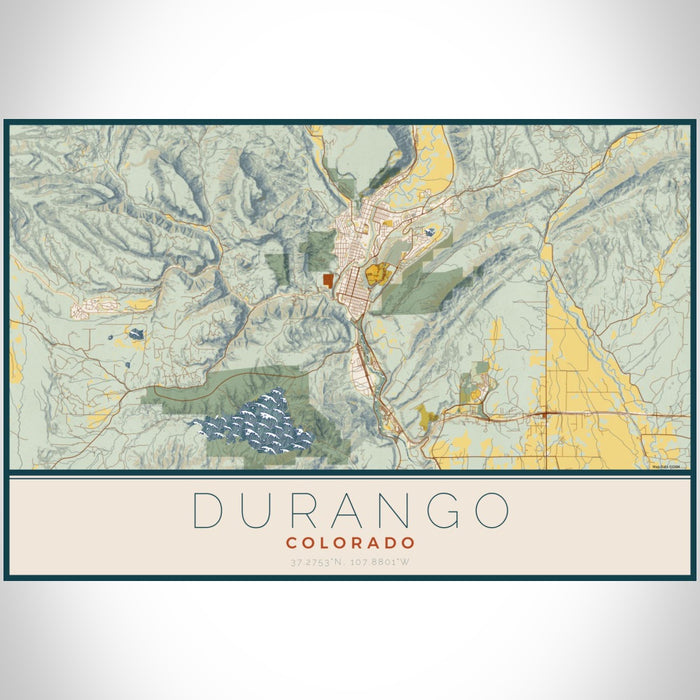 Durango Colorado Map Print Landscape Orientation in Woodblock Style With Shaded Background