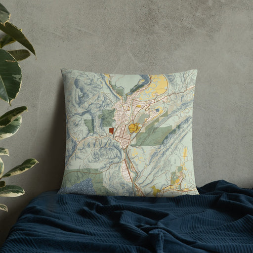 Custom Durango Colorado Map Throw Pillow in Woodblock on Bedding Against Wall