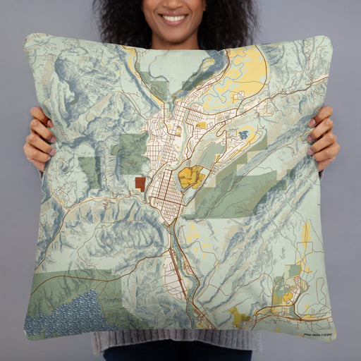 Person holding 22x22 Custom Durango Colorado Map Throw Pillow in Woodblock