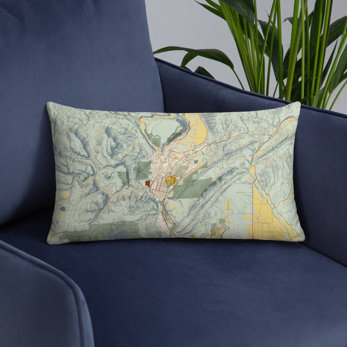 Custom Durango Colorado Map Throw Pillow in Woodblock on Blue Colored Chair