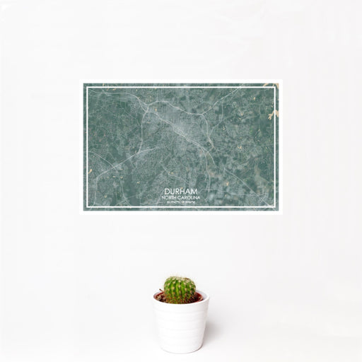 12x18 Durham North Carolina Map Print Landscape Orientation in Afternoon Style With Small Cactus Plant in White Planter