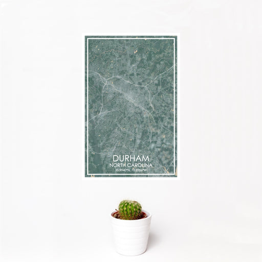 12x18 Durham North Carolina Map Print Portrait Orientation in Afternoon Style With Small Cactus Plant in White Planter