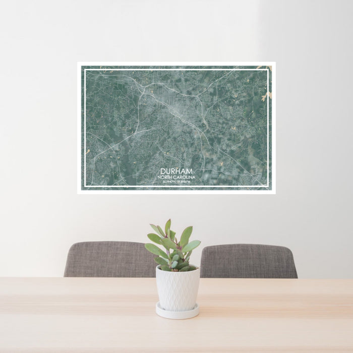 24x36 Durham North Carolina Map Print Lanscape Orientation in Afternoon Style Behind 2 Chairs Table and Potted Plant