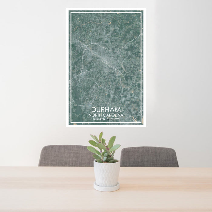 24x36 Durham North Carolina Map Print Portrait Orientation in Afternoon Style Behind 2 Chairs Table and Potted Plant