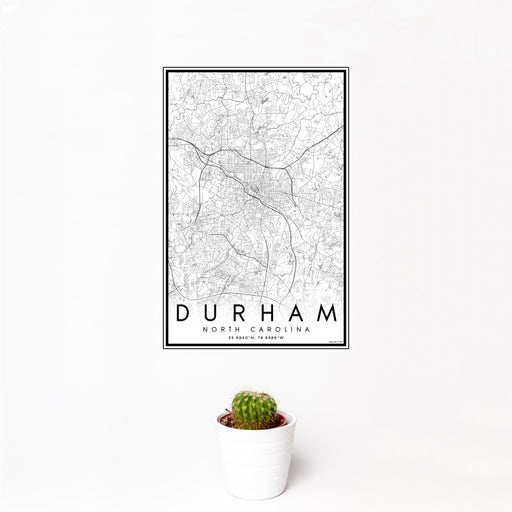 12x18 Durham North Carolina Map Print Portrait Orientation in Classic Style With Small Cactus Plant in White Planter