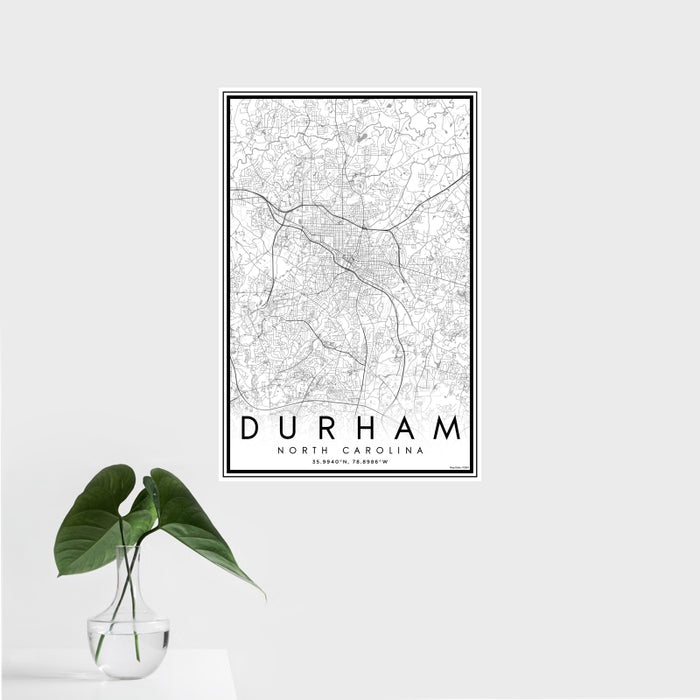 16x24 Durham North Carolina Map Print Portrait Orientation in Classic Style With Tropical Plant Leaves in Water