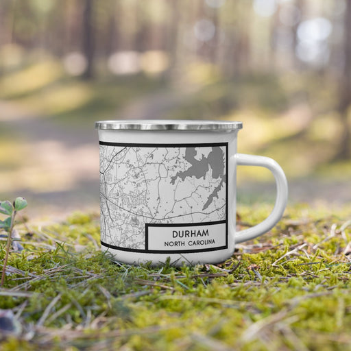 Right View Custom Durham North Carolina Map Enamel Mug in Classic on Grass With Trees in Background