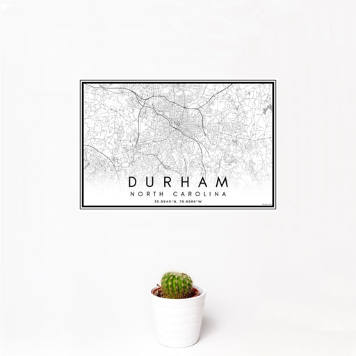 12x18 Durham North Carolina Map Print Landscape Orientation in Classic Style With Small Cactus Plant in White Planter