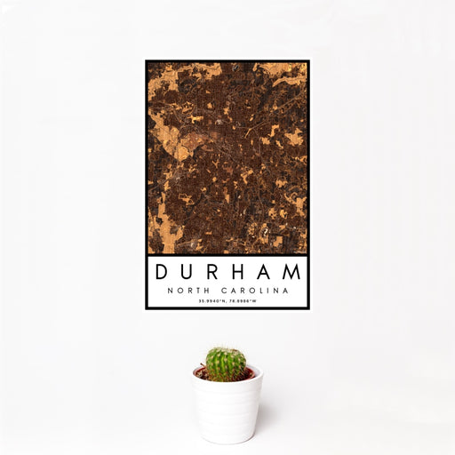 12x18 Durham North Carolina Map Print Portrait Orientation in Ember Style With Small Cactus Plant in White Planter