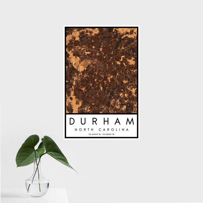 16x24 Durham North Carolina Map Print Portrait Orientation in Ember Style With Tropical Plant Leaves in Water