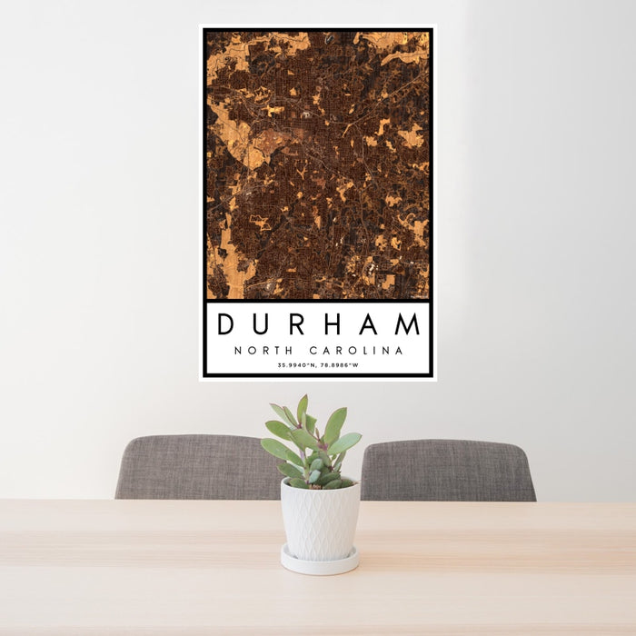 24x36 Durham North Carolina Map Print Portrait Orientation in Ember Style Behind 2 Chairs Table and Potted Plant