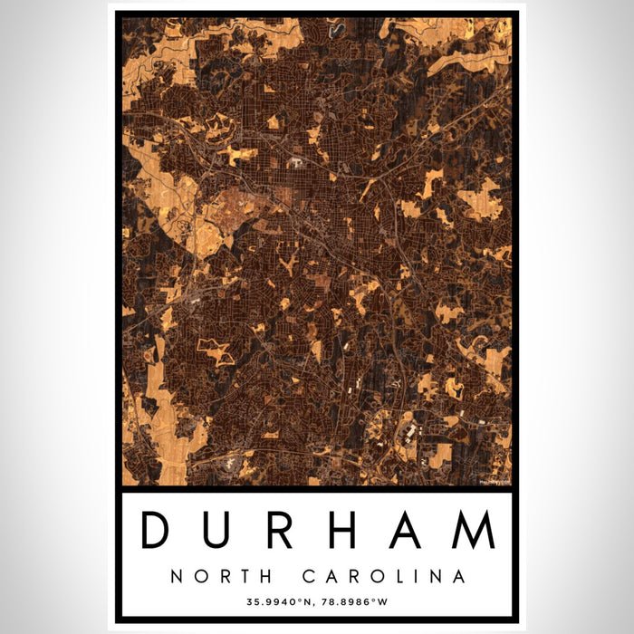 Durham North Carolina Map Print Portrait Orientation in Ember Style With Shaded Background