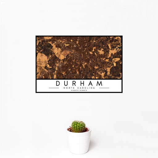 12x18 Durham North Carolina Map Print Landscape Orientation in Ember Style With Small Cactus Plant in White Planter