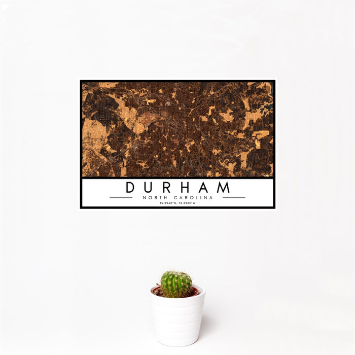 12x18 Durham North Carolina Map Print Landscape Orientation in Ember Style With Small Cactus Plant in White Planter