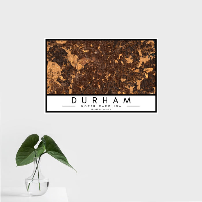 16x24 Durham North Carolina Map Print Landscape Orientation in Ember Style With Tropical Plant Leaves in Water