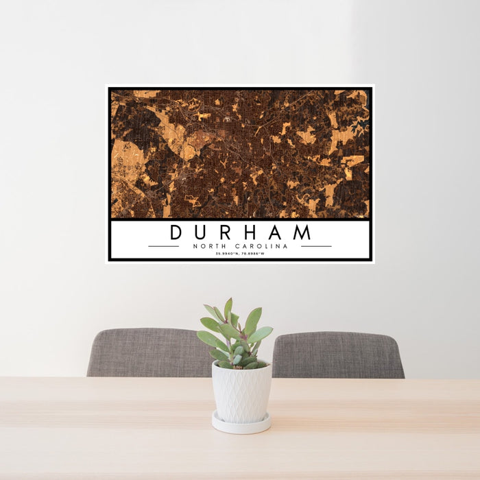 24x36 Durham North Carolina Map Print Landscape Orientation in Ember Style Behind 2 Chairs Table and Potted Plant