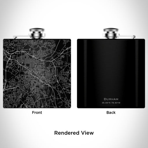 Rendered View of Durham North Carolina Map Engraving on 6oz Stainless Steel Flask in Black