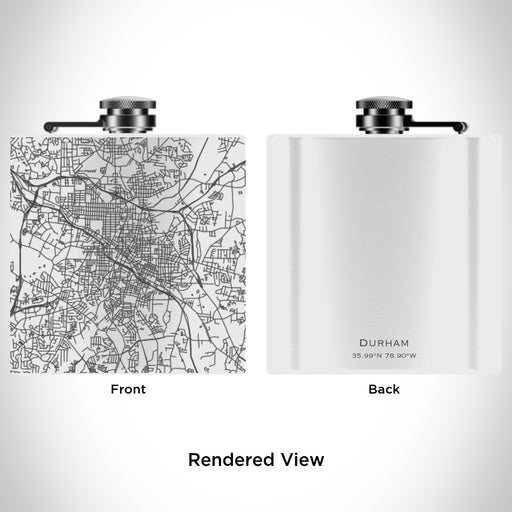 Rendered View of Durham North Carolina Map Engraving on 6oz Stainless Steel Flask in White