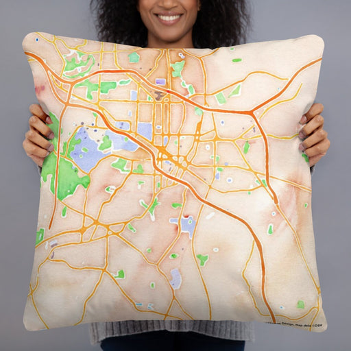 Person holding 22x22 Custom Durham North Carolina Map Throw Pillow in Watercolor