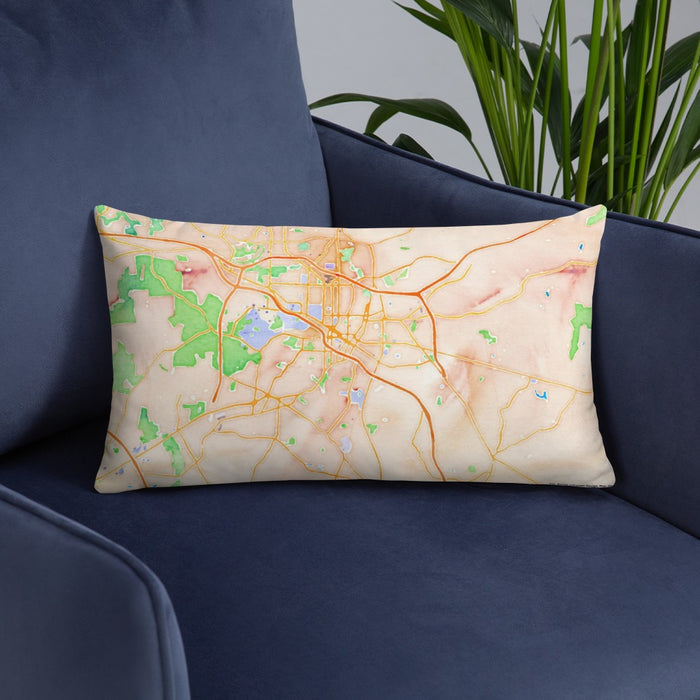 Custom Durham North Carolina Map Throw Pillow in Watercolor on Blue Colored Chair