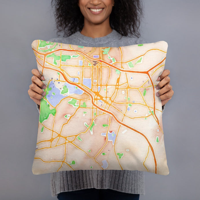 Person holding 18x18 Custom Durham North Carolina Map Throw Pillow in Watercolor