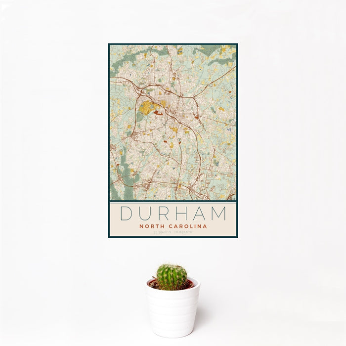 12x18 Durham North Carolina Map Print Portrait Orientation in Woodblock Style With Small Cactus Plant in White Planter