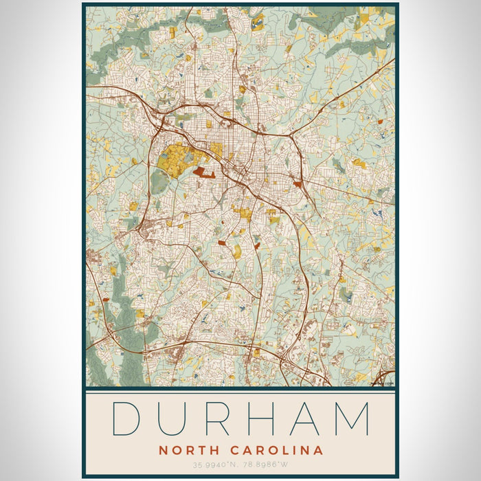 Durham North Carolina Map Print Portrait Orientation in Woodblock Style With Shaded Background