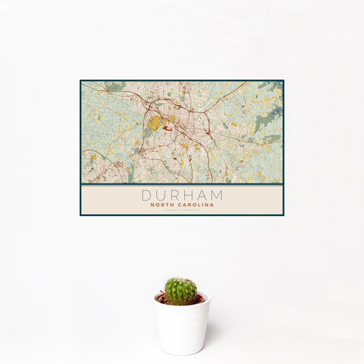 12x18 Durham North Carolina Map Print Landscape Orientation in Woodblock Style With Small Cactus Plant in White Planter