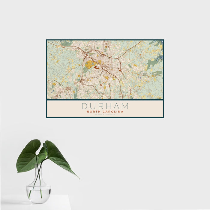 16x24 Durham North Carolina Map Print Landscape Orientation in Woodblock Style With Tropical Plant Leaves in Water