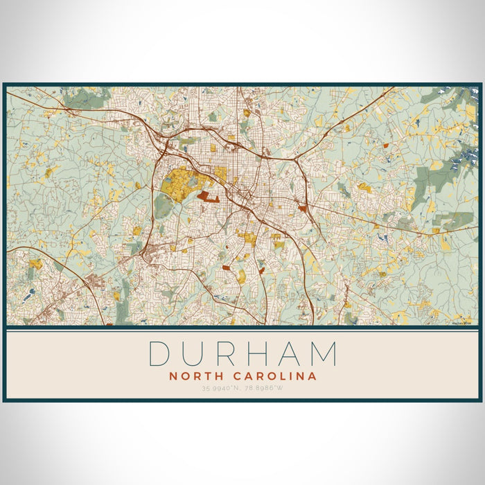 Durham North Carolina Map Print Landscape Orientation in Woodblock Style With Shaded Background