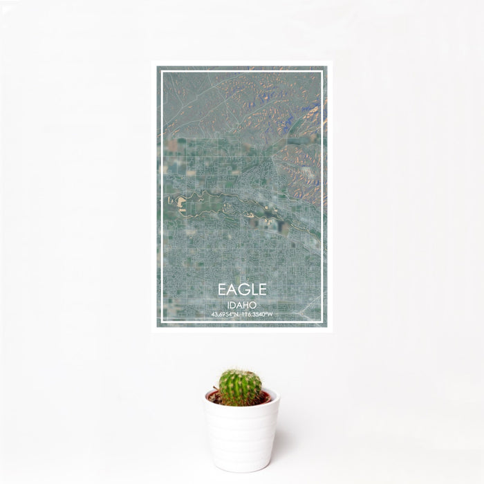 12x18 Eagle Idaho Map Print Portrait Orientation in Afternoon Style With Small Cactus Plant in White Planter