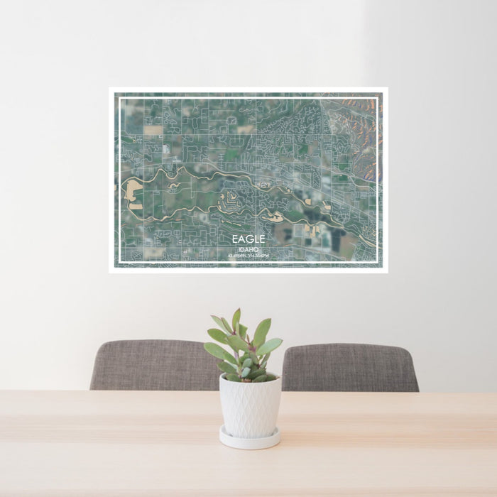 24x36 Eagle Idaho Map Print Lanscape Orientation in Afternoon Style Behind 2 Chairs Table and Potted Plant
