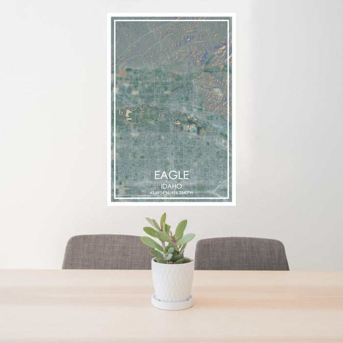 24x36 Eagle Idaho Map Print Portrait Orientation in Afternoon Style Behind 2 Chairs Table and Potted Plant
