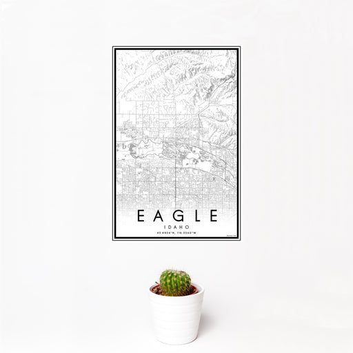 12x18 Eagle Idaho Map Print Portrait Orientation in Classic Style With Small Cactus Plant in White Planter