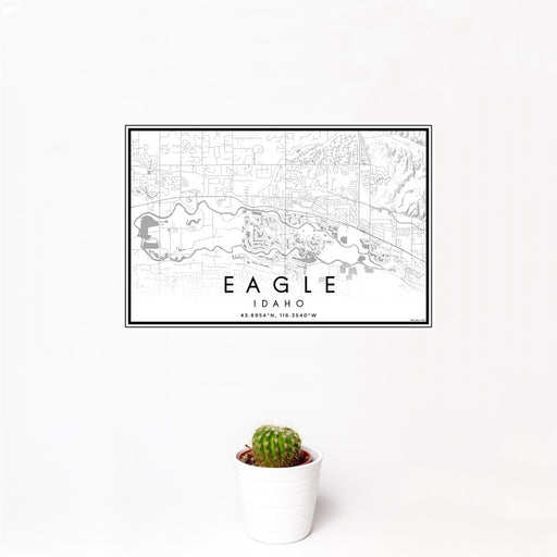 12x18 Eagle Idaho Map Print Landscape Orientation in Classic Style With Small Cactus Plant in White Planter