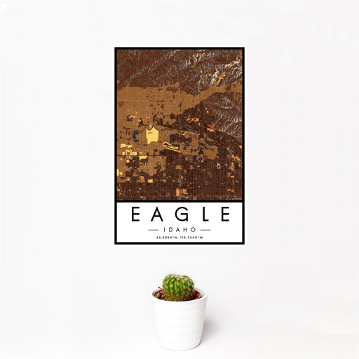 12x18 Eagle Idaho Map Print Portrait Orientation in Ember Style With Small Cactus Plant in White Planter