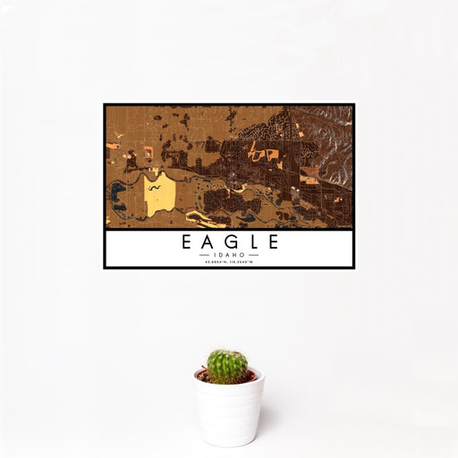 12x18 Eagle Idaho Map Print Landscape Orientation in Ember Style With Small Cactus Plant in White Planter