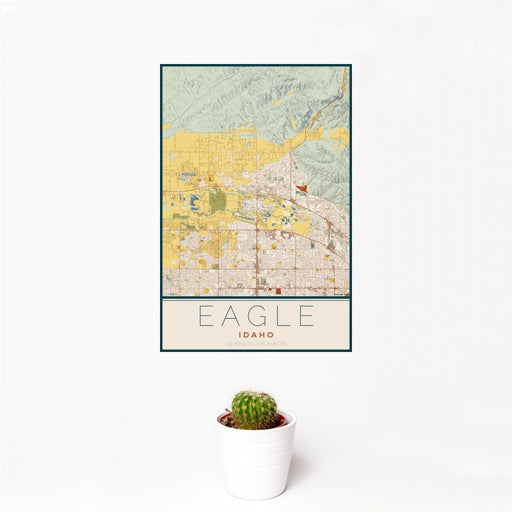 12x18 Eagle Idaho Map Print Portrait Orientation in Woodblock Style With Small Cactus Plant in White Planter